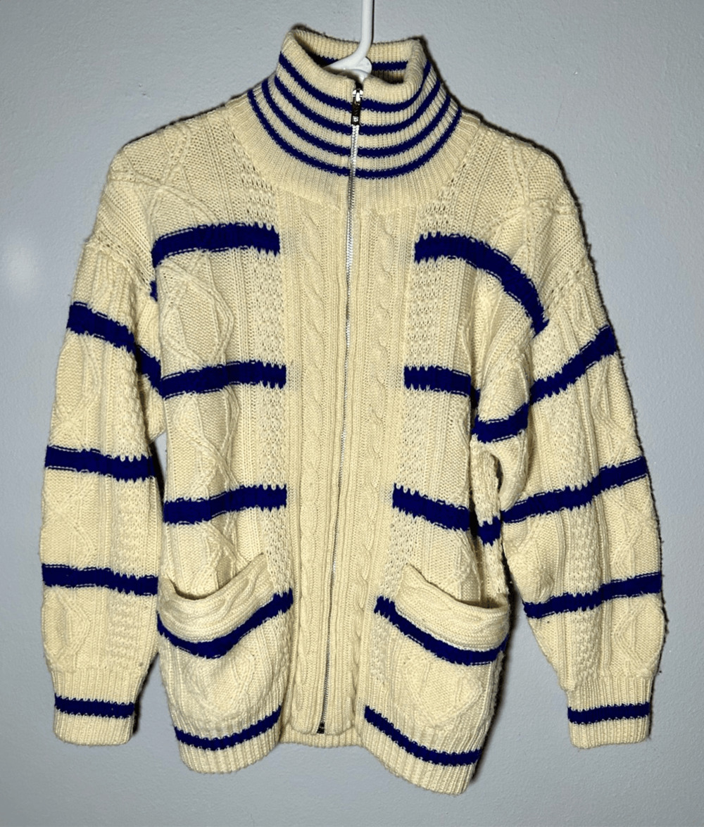 Vintage Izod 100% wool sweater Full Zip cable knit fisherman SZ Medium WPL 1100